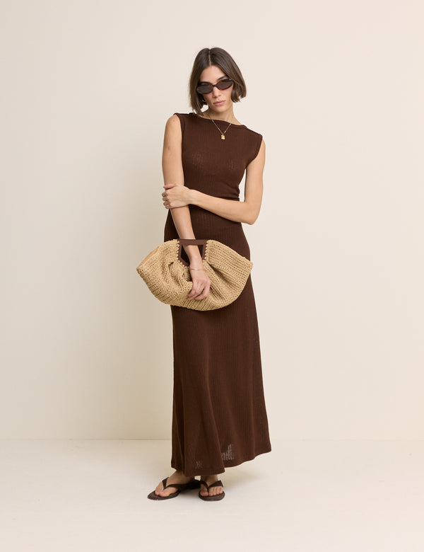 Brown Boat Neck Colbie Midi Dress