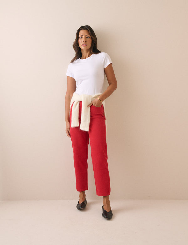 Red High Rise Tapered Jeans