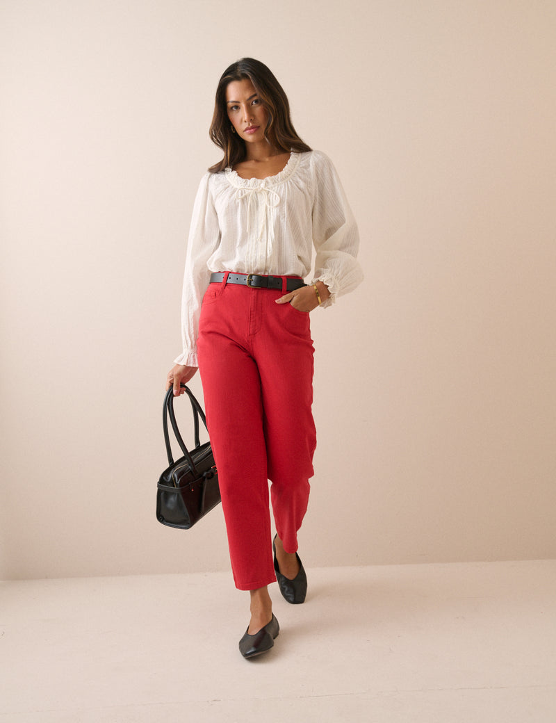 Red High Rise Tapered Jeans