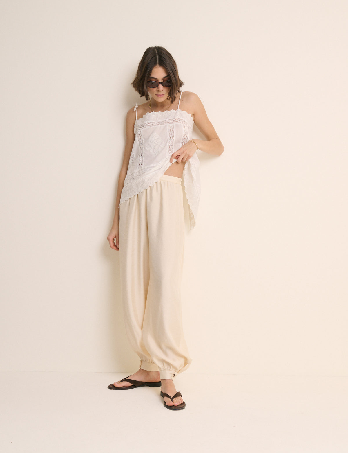 Cream Balloon Leg Satin Cuffed Trousers