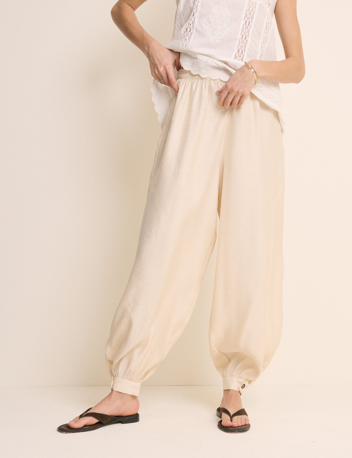 Cream Balloon Leg Satin Cuffed Trousers