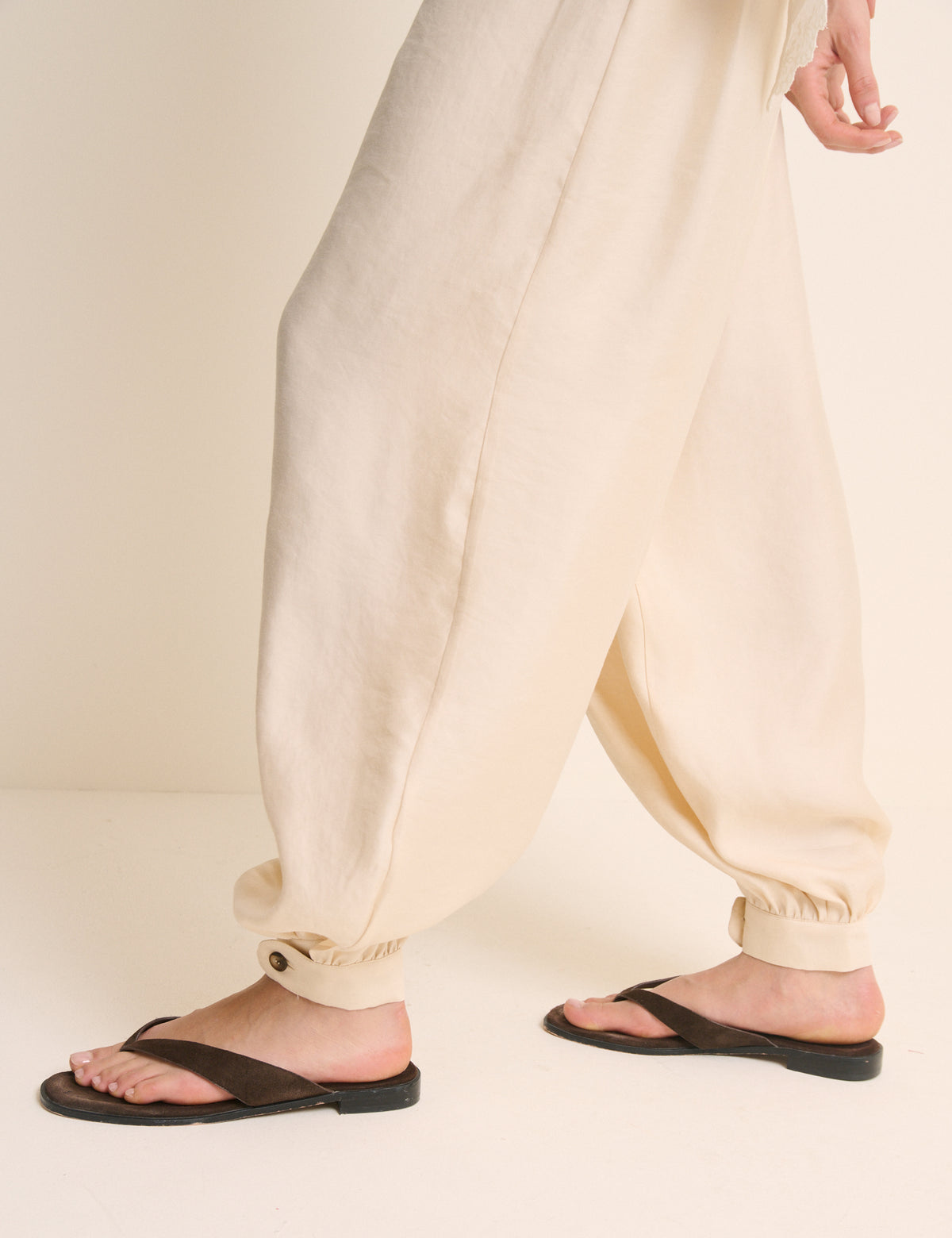 Cream Balloon Leg Satin Cuffed Trousers
