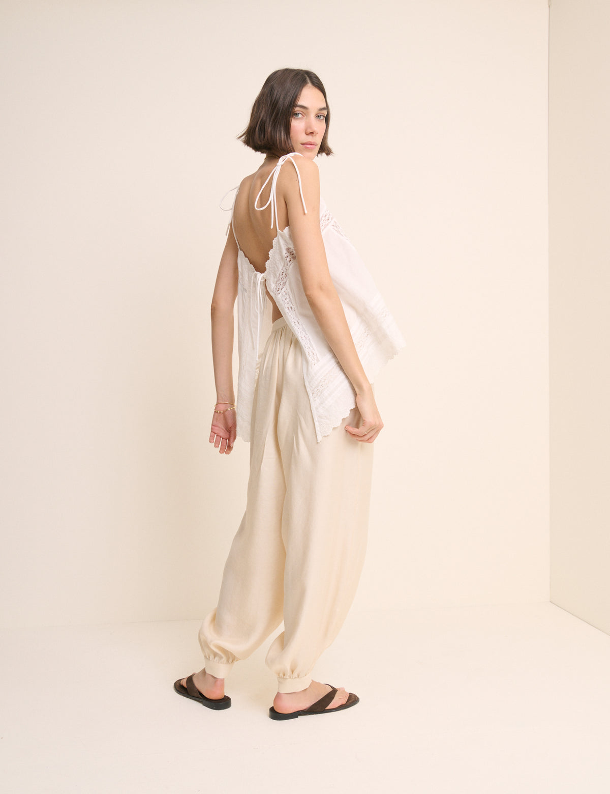 Cream Balloon Leg Satin Cuffed Trousers