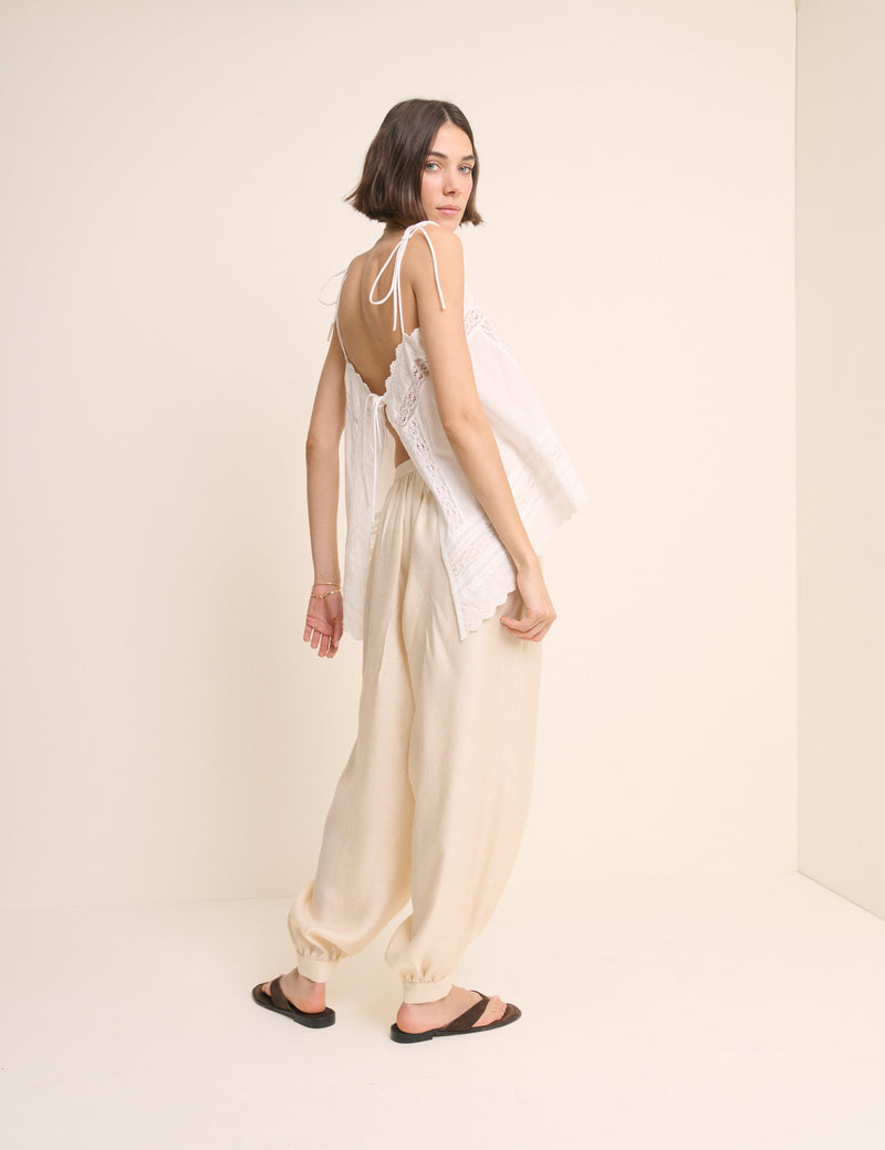 Cream Balloon Leg Satin Cuffed Trousers