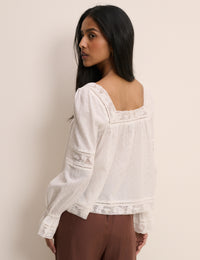 White Lace Trim Long Sleeve Blouse
