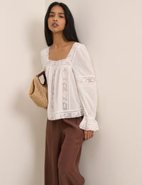 White Lace Trim Long Sleeve Blouse