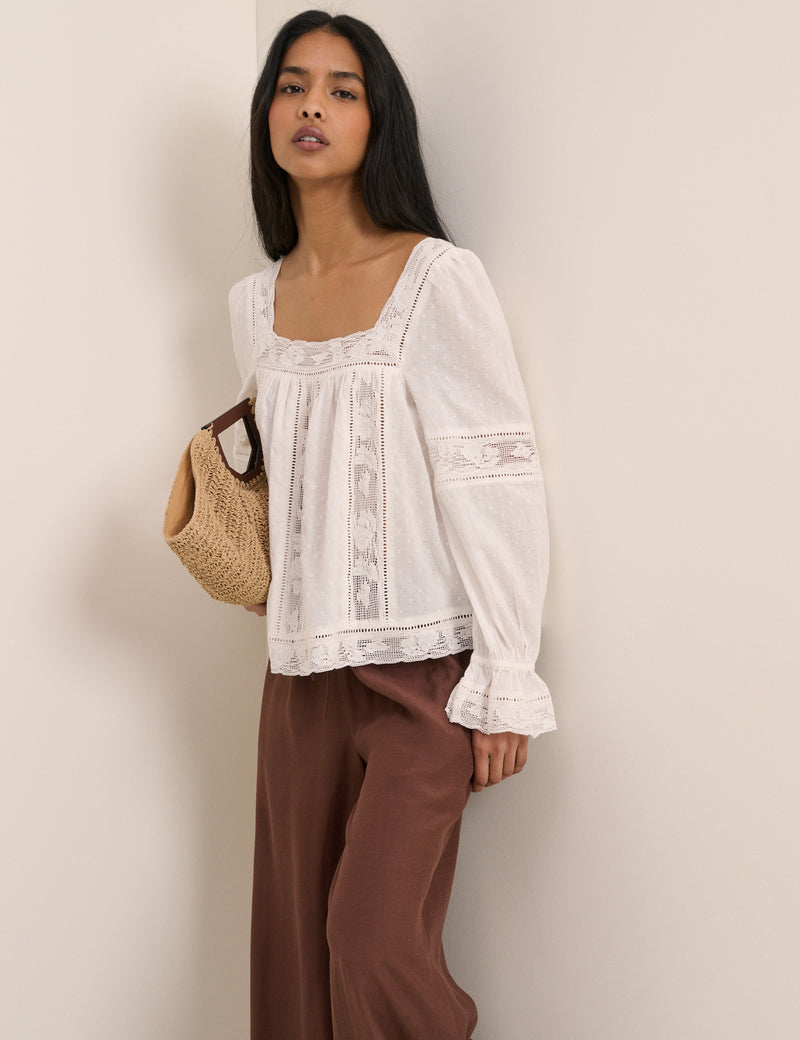 White Lace Trim Long Sleeve Blouse