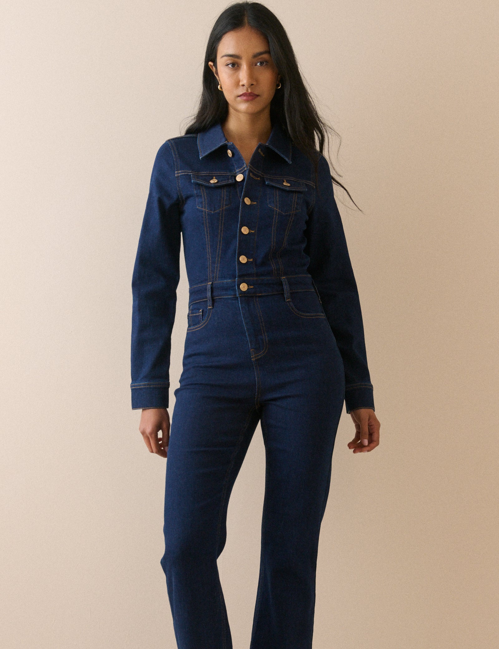 Dark Blue Denim Flare Jumpsuit