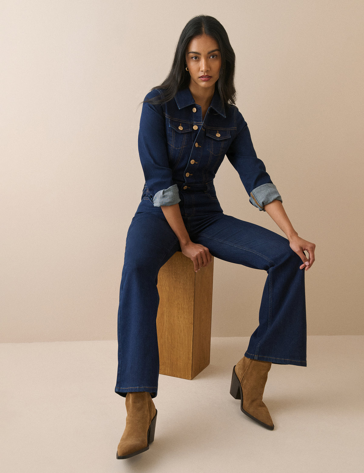 Dark Blue Denim Flare Jumpsuit