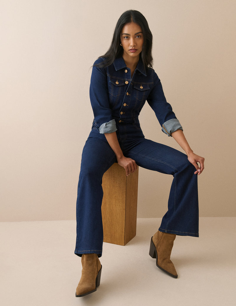 Dark Blue Denim Flare Jumpsuit