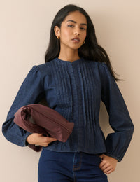 Dark Wash Pintuck Denim Blouse