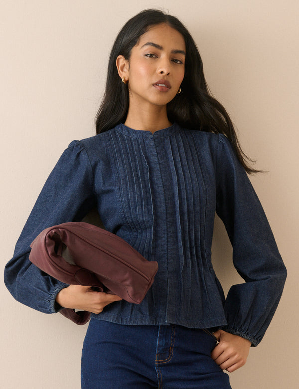 Dark Wash Pintuck Denim Blouse