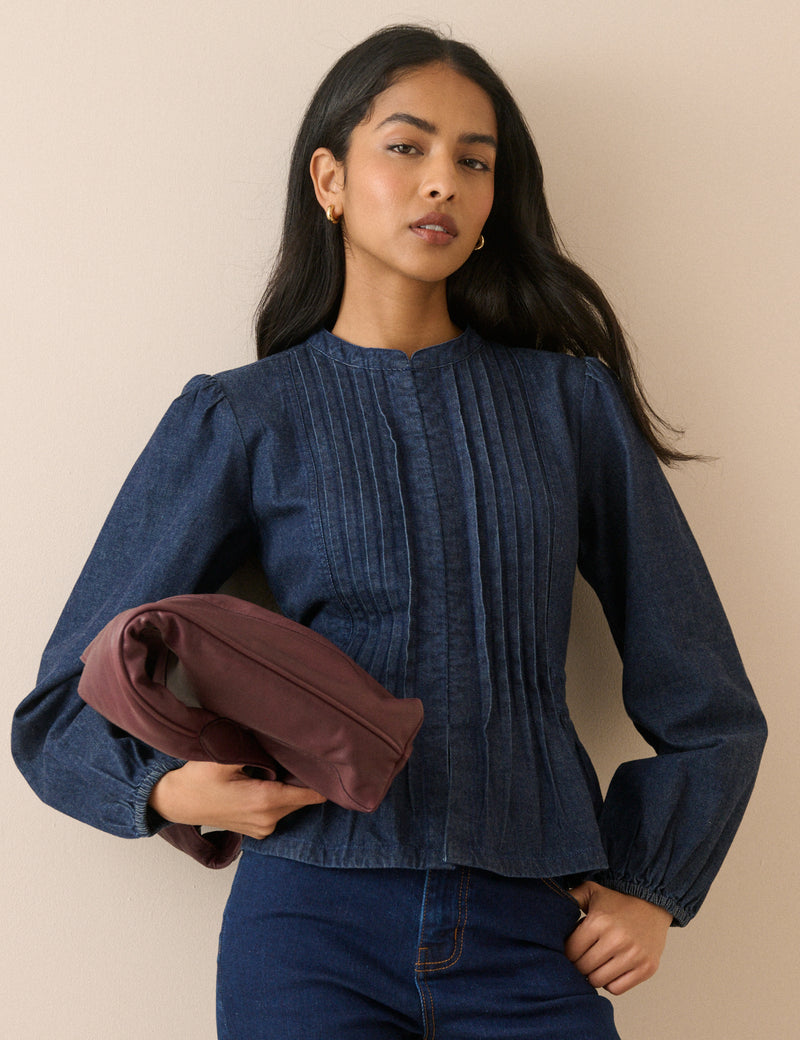 Dark Wash Pintuck Denim Blouse
