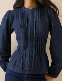 Dark Wash Pintuck Denim Blouse