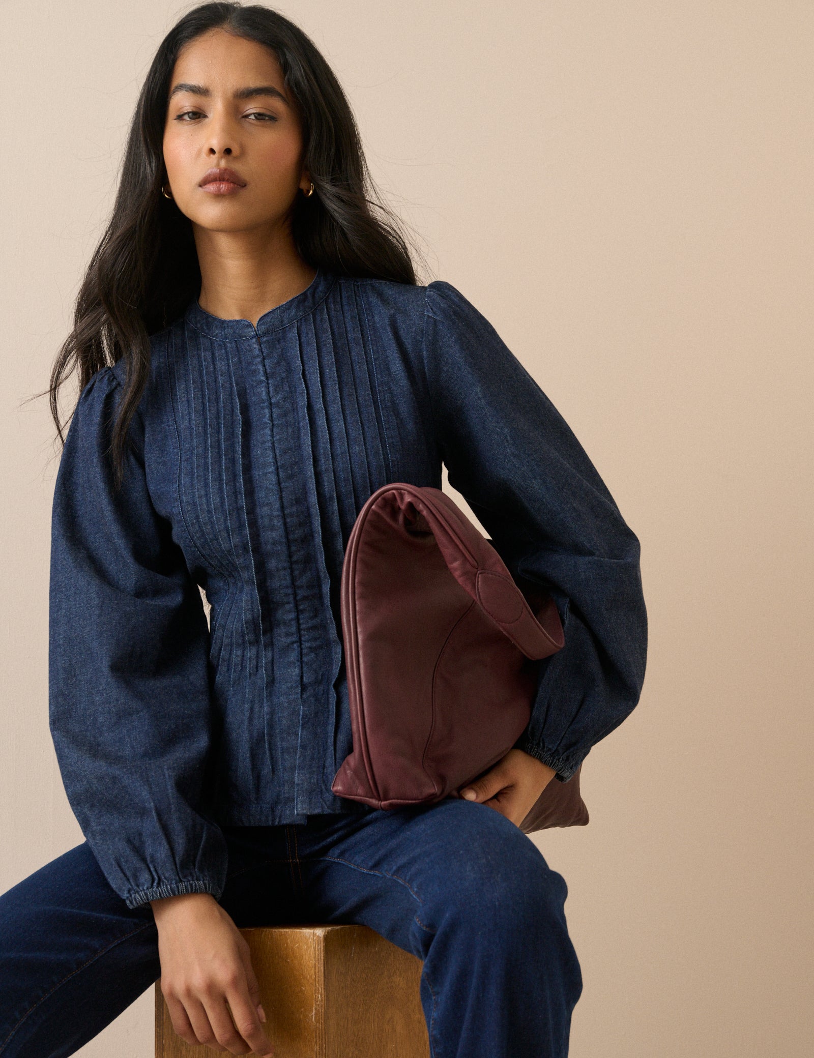 Dark Wash Pintuck Denim Blouse