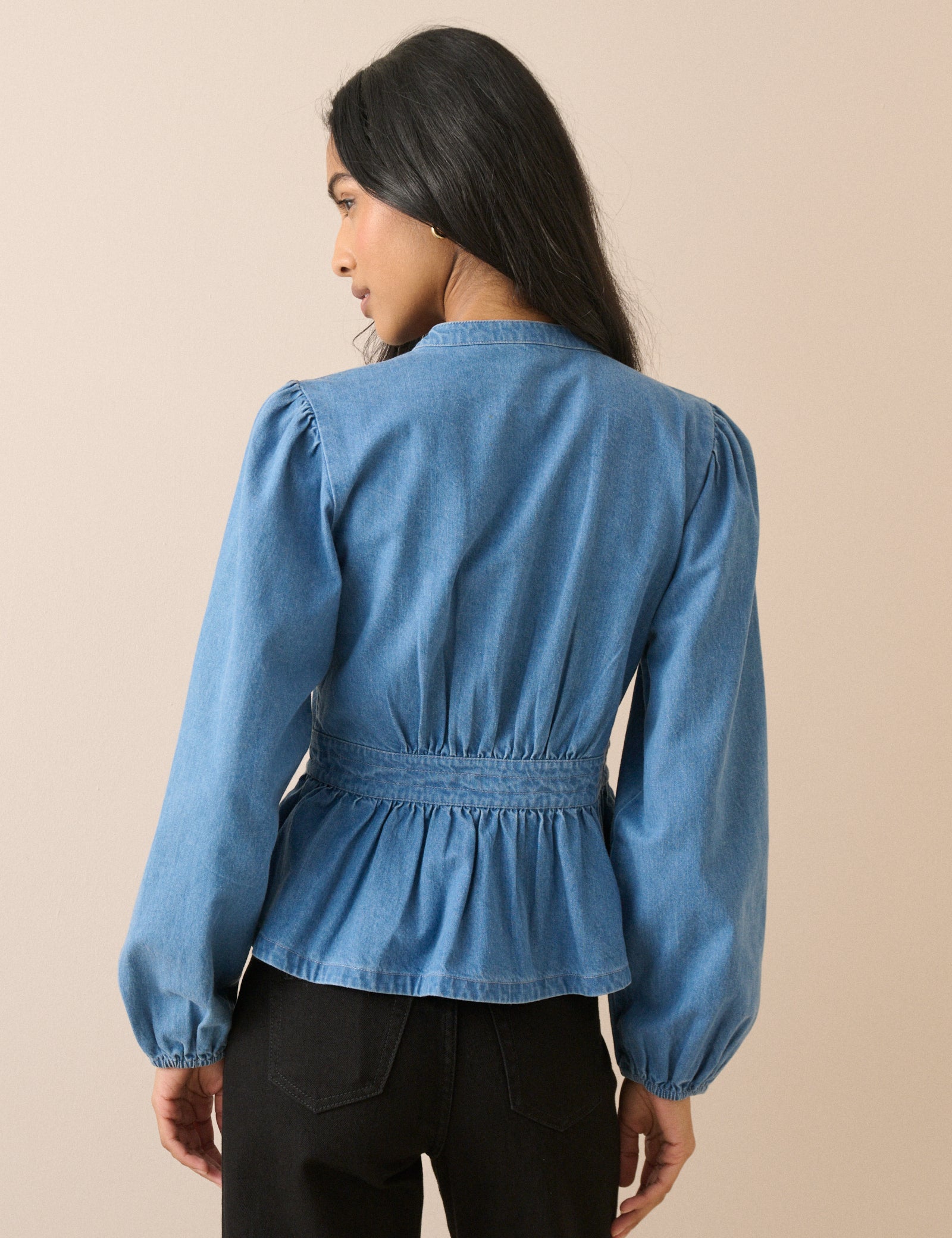 Mid-Wash Pintuck Denim Blouse