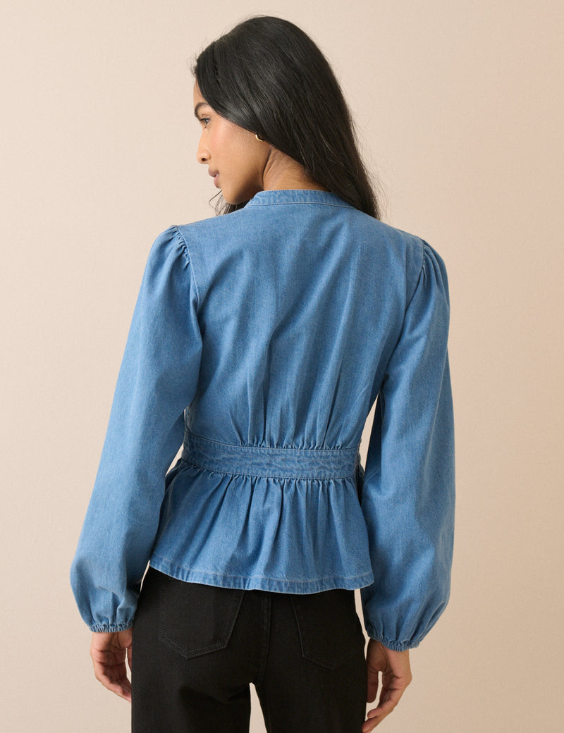 Mid-Wash Pintuck Denim Blouse
