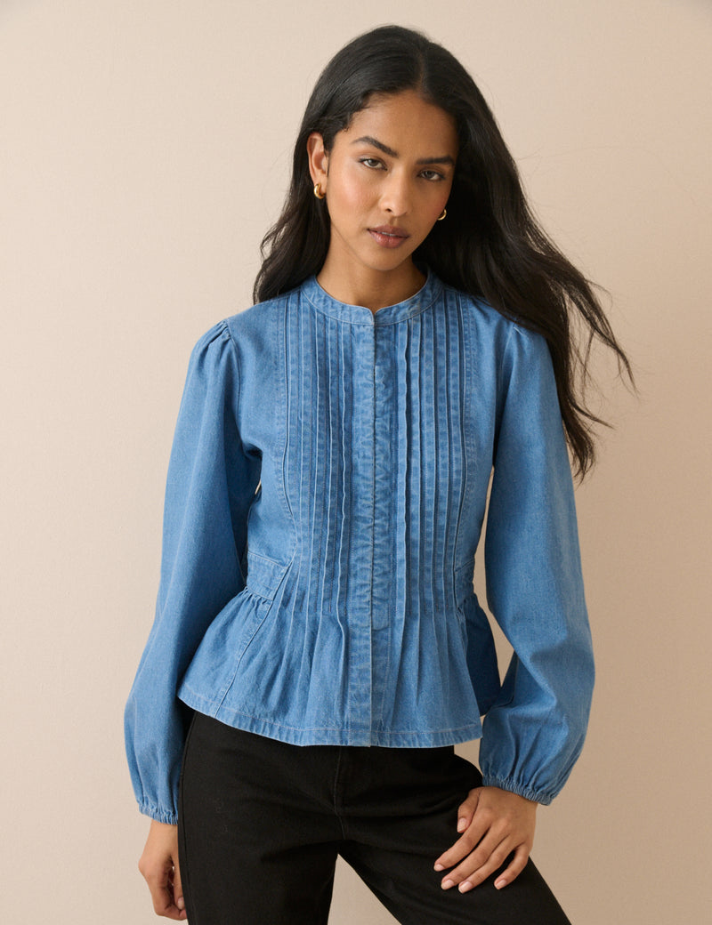 Mid-Wash Pintuck Denim Blouse