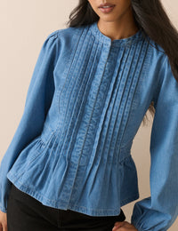 Mid-Wash Pintuck Denim Blouse