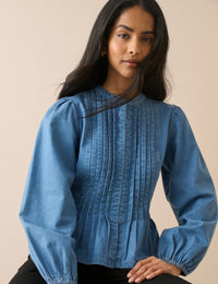 Mid-Wash Pintuck Denim Blouse