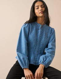 Mid-Wash Pintuck Denim Blouse