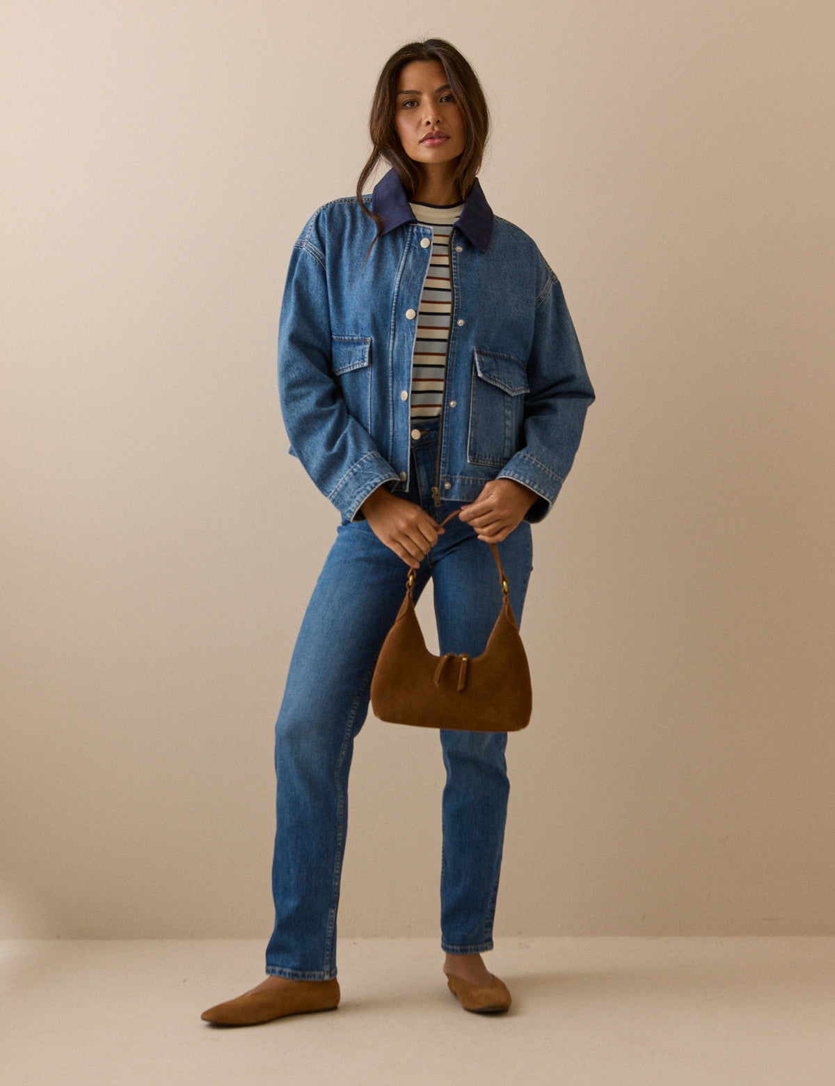 Mid blue denim barn jacket with contrast collar