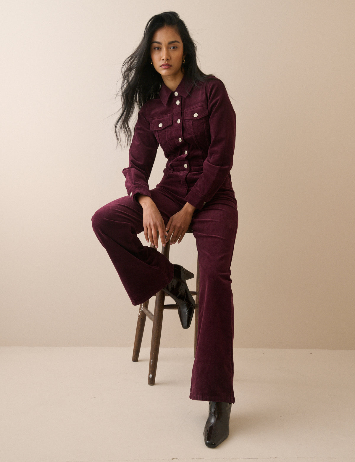 Burgundy Cord Flared Jumpsuit