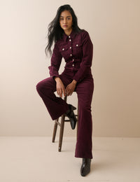 Burgundy Cord Flared Jumpsuit