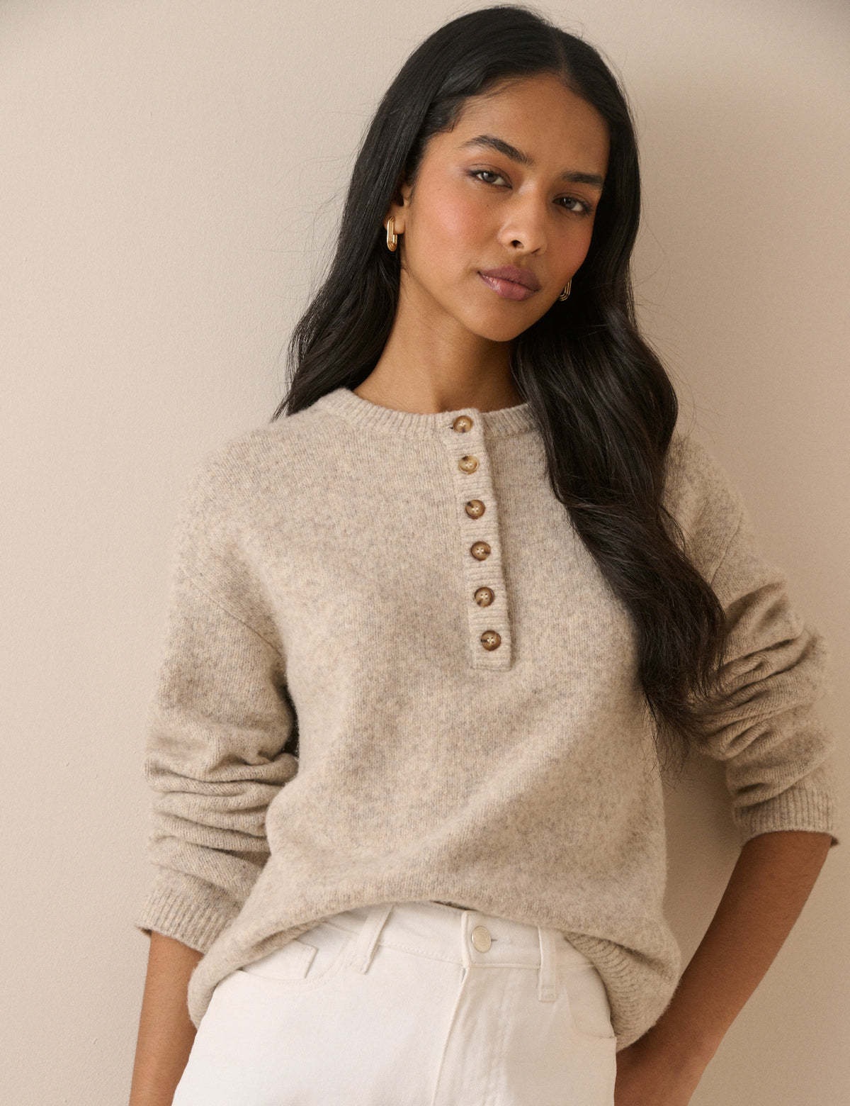 Cream Relaxed Fit Henley Jumper