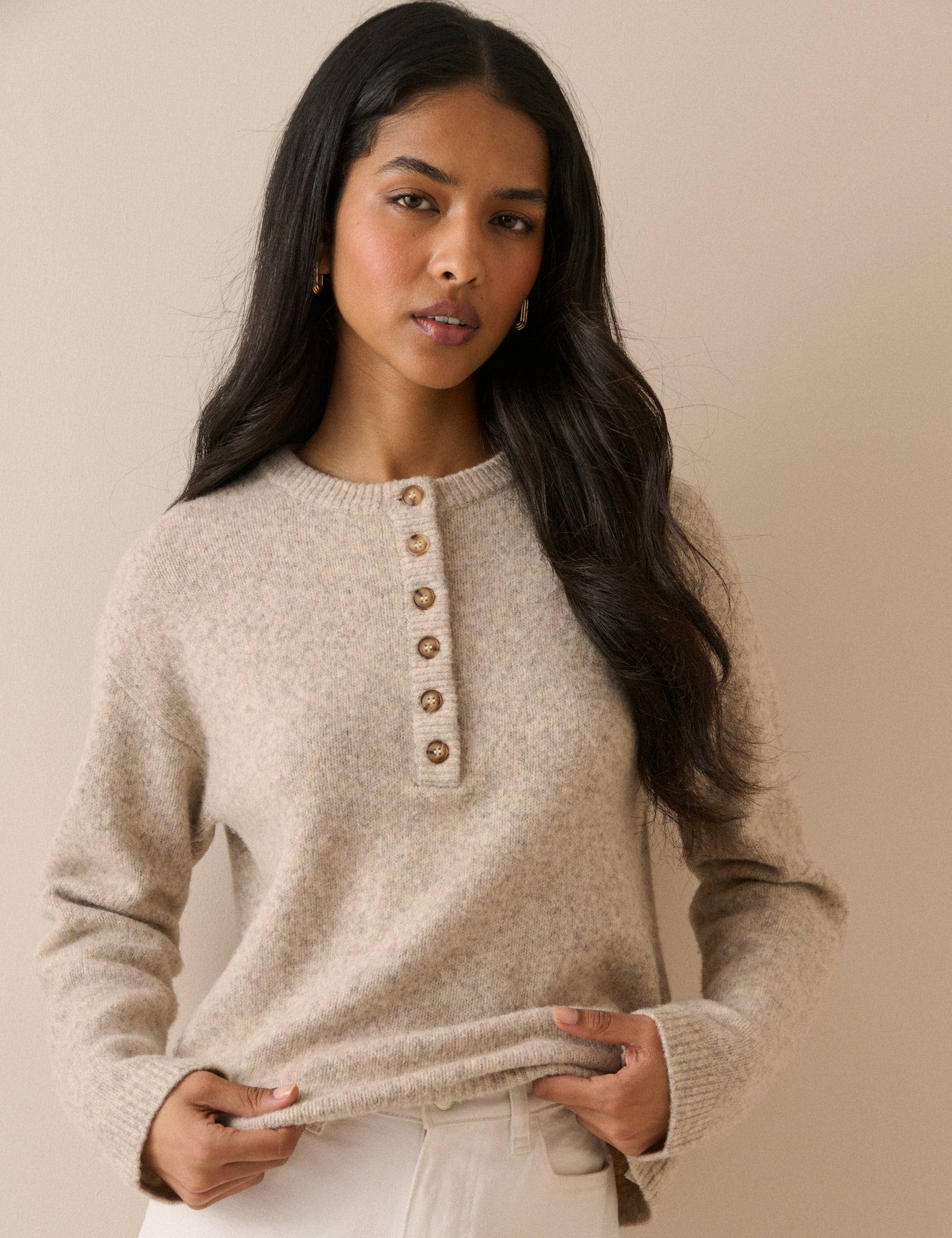Cream Relaxed Fit Henley Jumper
