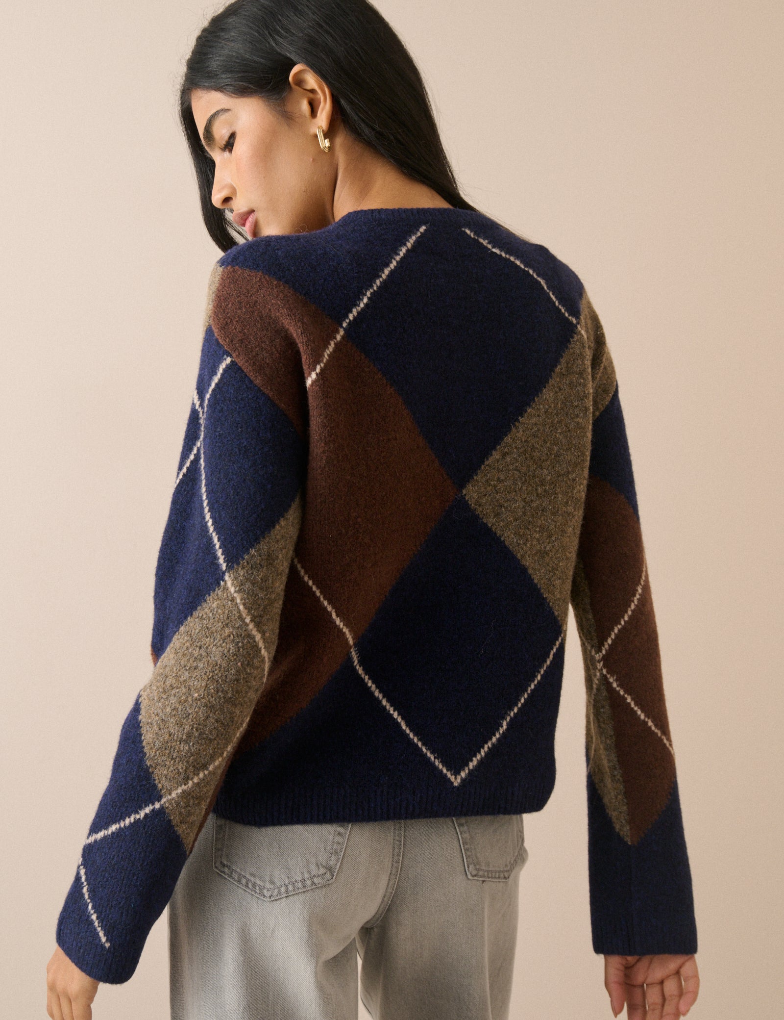 Navy Argyle Ribbed Trim Henley Jumper