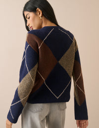 Navy Argyle Ribbed Trim Henley Jumper