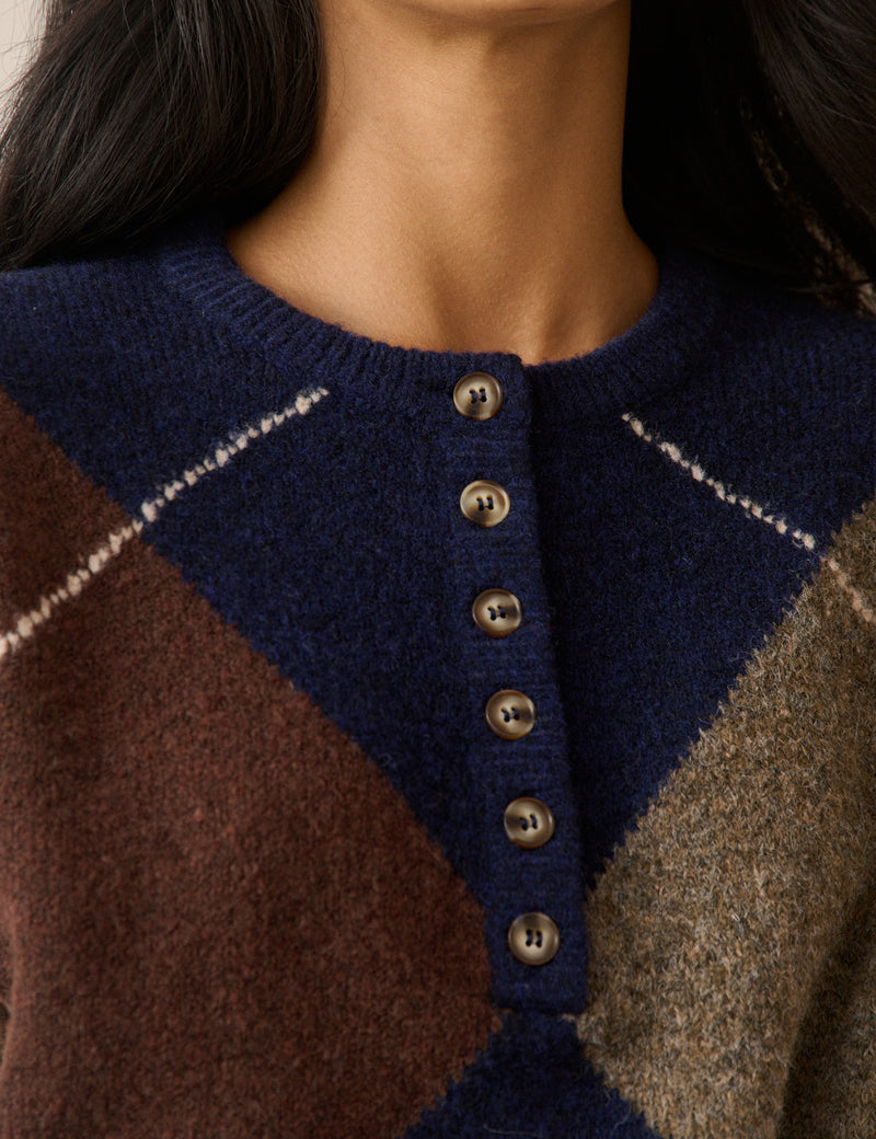 Navy Argyle Ribbed Trim Henley Jumper