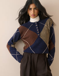 Navy Argyle Ribbed Trim Henley Jumper