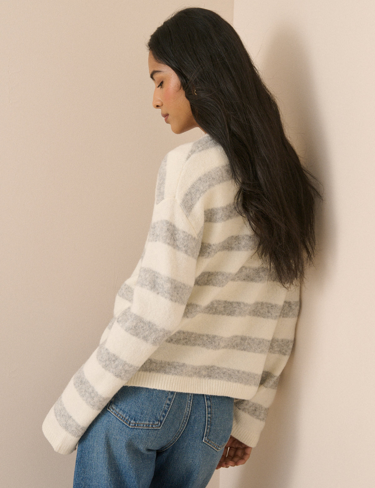 Grey and Cream Striped Henley Jumper