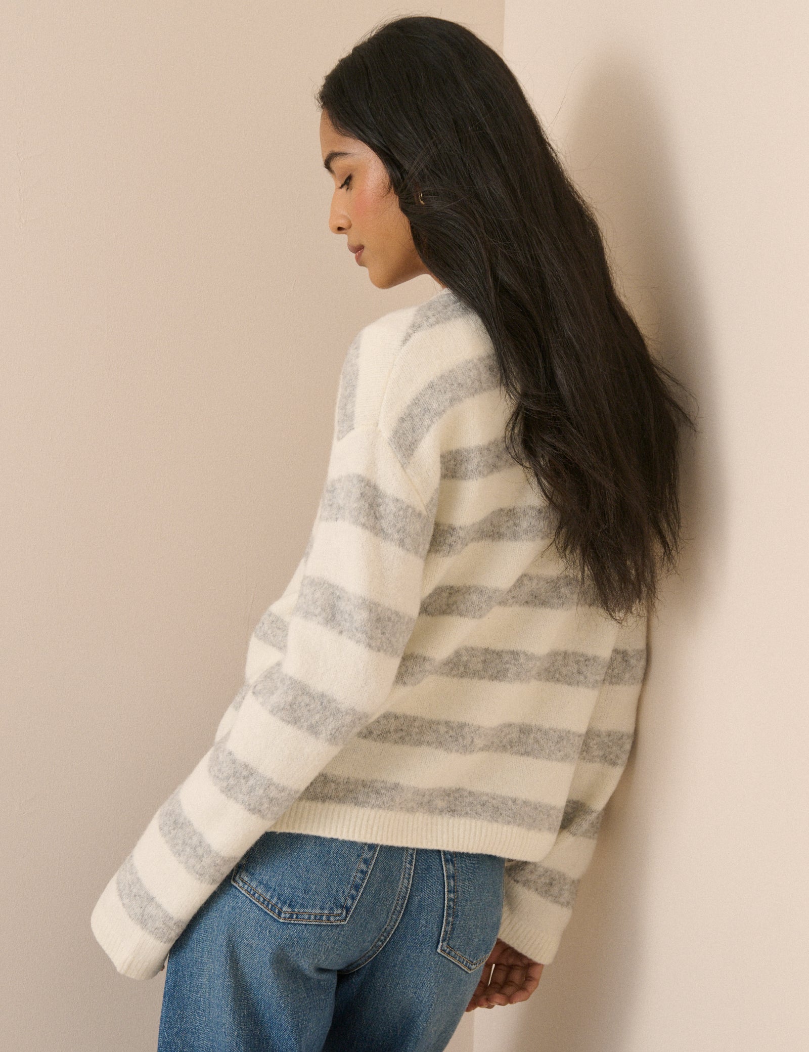 Grey and Cream Striped Henley Jumper