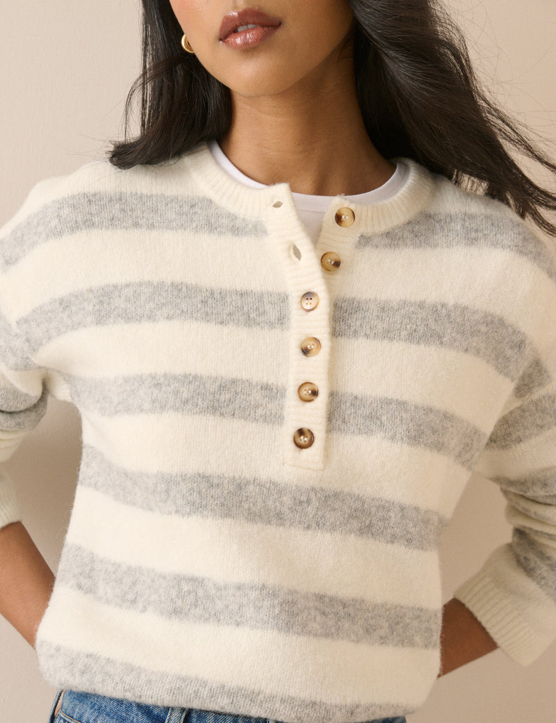 Grey and Cream Striped Henley Jumper