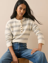 Grey and Cream Striped Henley Jumper