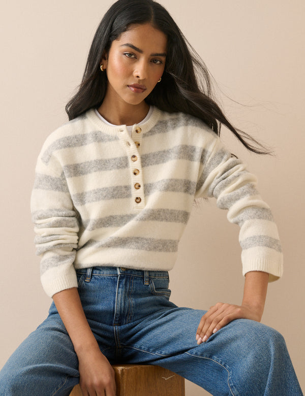 Grey and Cream Striped Henley Jumper