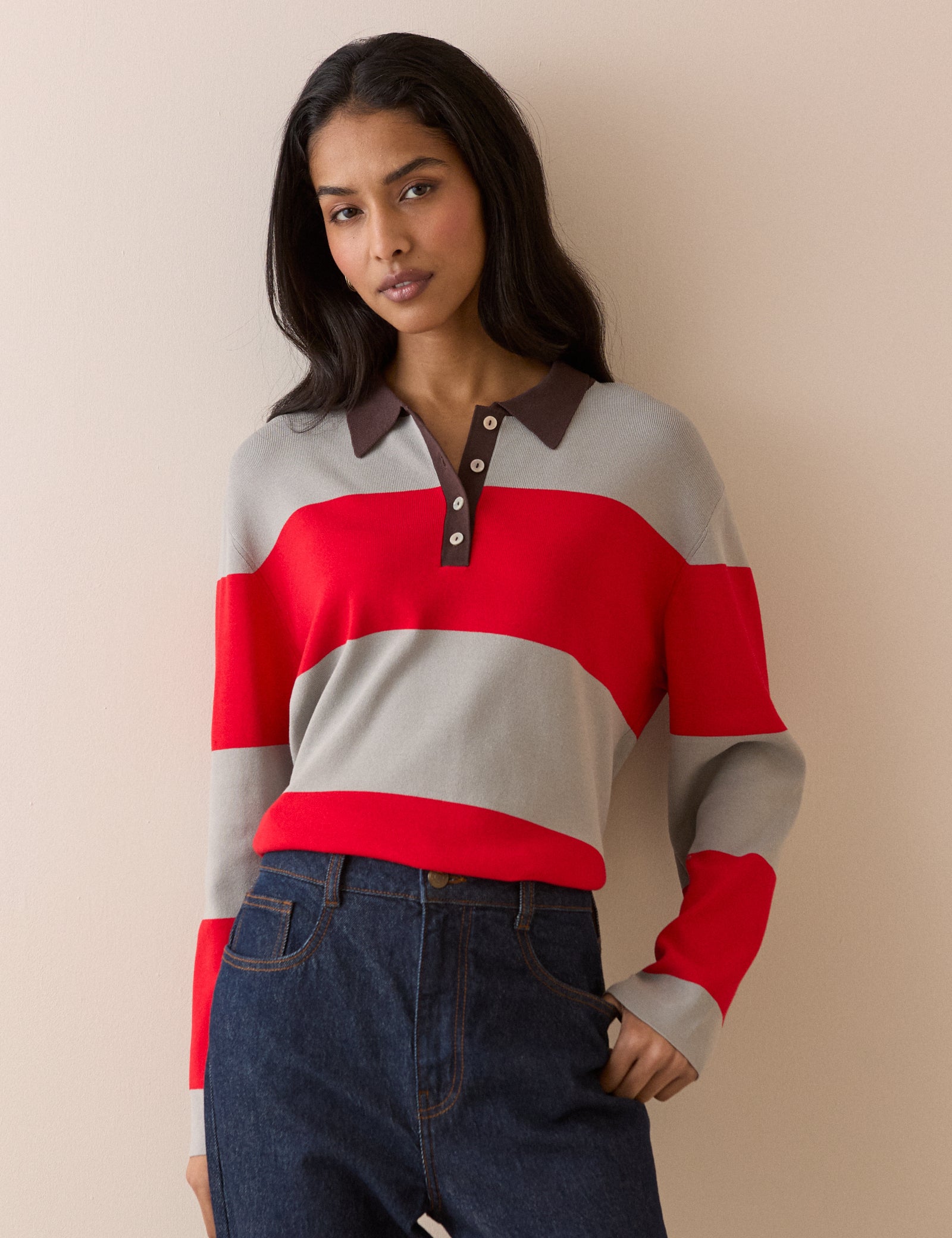Grey and Red Striped Knit Polo Top