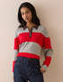 Grey and Red Striped Knit Polo Top