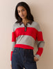 Grey and Red Striped Knit Polo Top