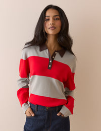 Grey and Red Striped Knit Polo Top