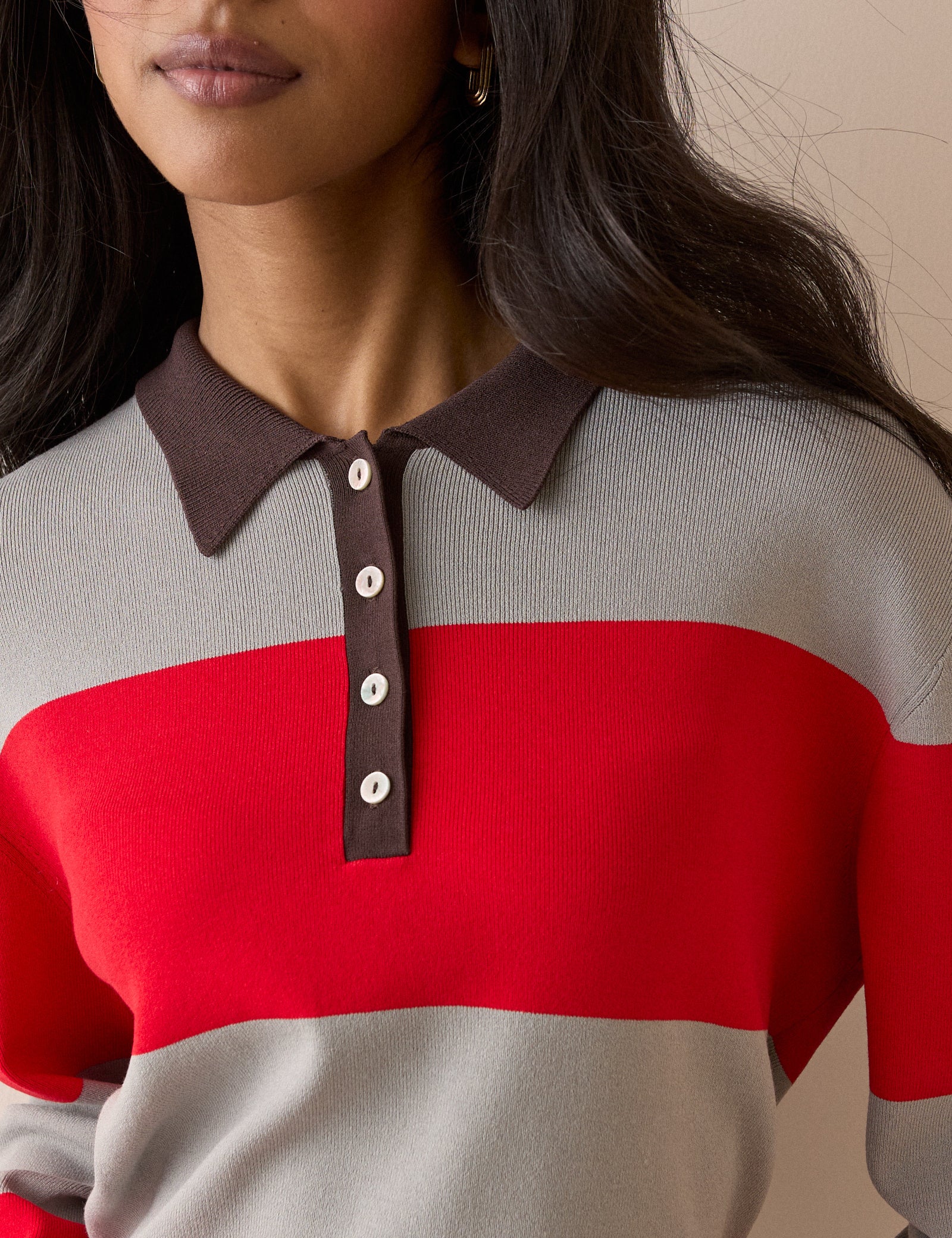 Grey and Red Striped Knit Polo Top