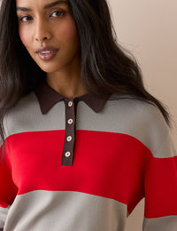 Grey and Red Striped Knit Polo Top