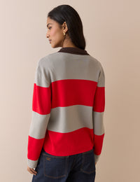 Grey and Red Striped Knit Polo Top