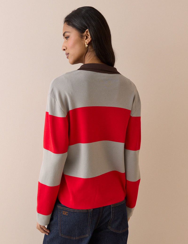 Grey and Red Striped Knit Polo Top
