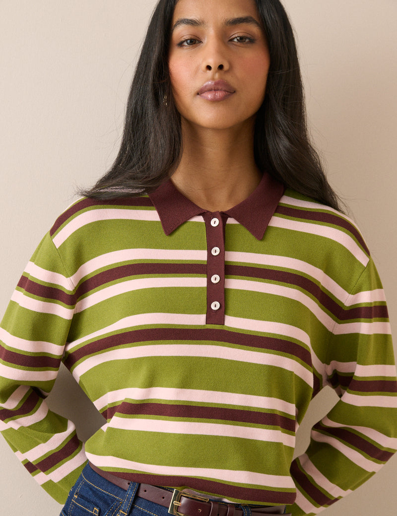 Green and Brown Striped Knit Polo Top