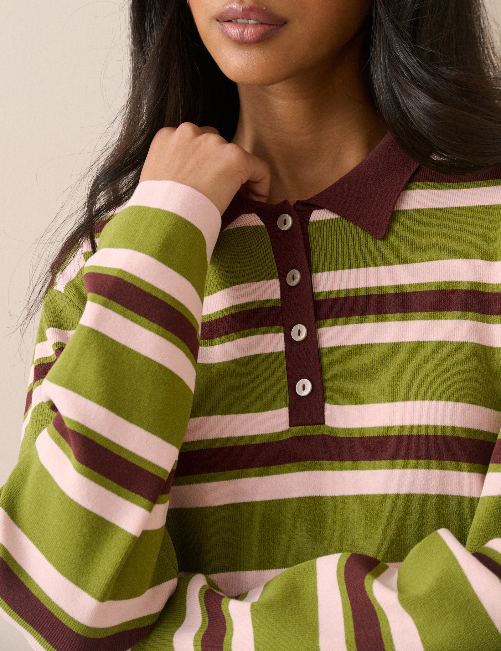 Green and Brown Striped Knit Polo Top