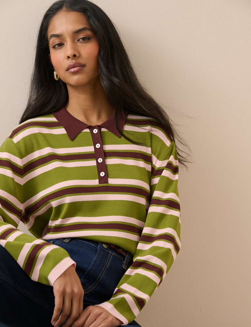 Green and Brown Striped Knit Polo Top